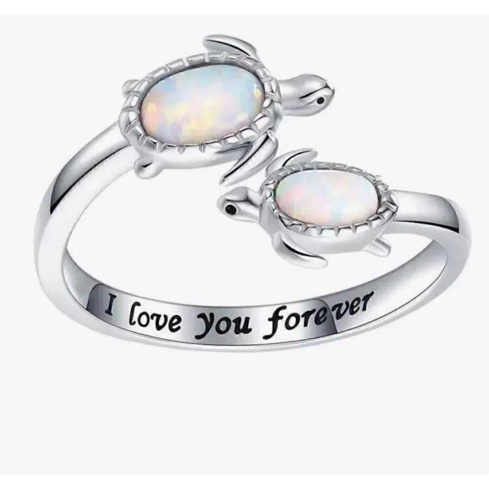 Mother And Child Turtle Ring, Adjustable Sea Turtle Ring Engraved I love you for